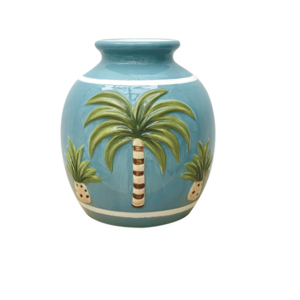BLUE EARTHENWARE PALM VASE